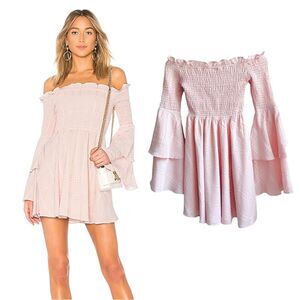 Revolve LPA Smocked Mini Dress in Blush Pink Bell Sleeves Plaid Print Size XS